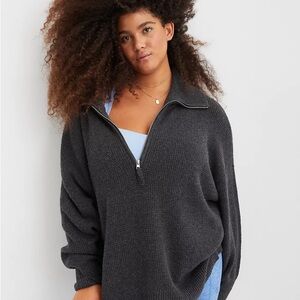 Aerie Olive Green CozyUp Waffle Quarter-Zip Sweater